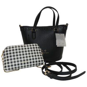 Nanette Lepore Black Vegan Leather Convertible Satchel Gingham Baguette Bag Set